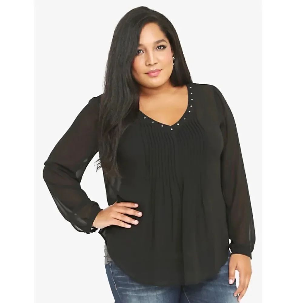 Torrid Purple PINTUCK STUDDED V-NECK CHIFFON TOP